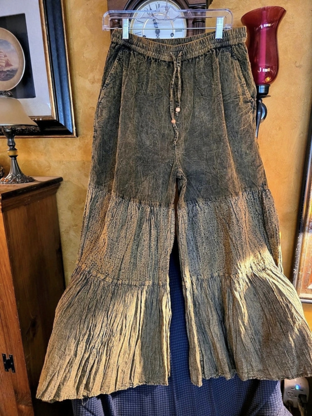 Young Threads Boho Tiered Patch Inserted Denim Pants Olive/Brown Large